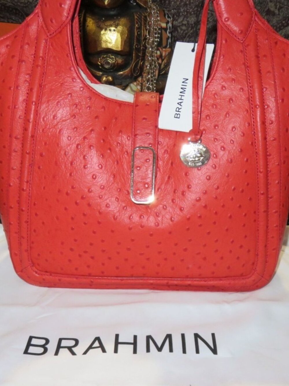 Brahmin Carla Flame Jamison Orange Ostrich Embossed Leather Crossbody Tote NWT